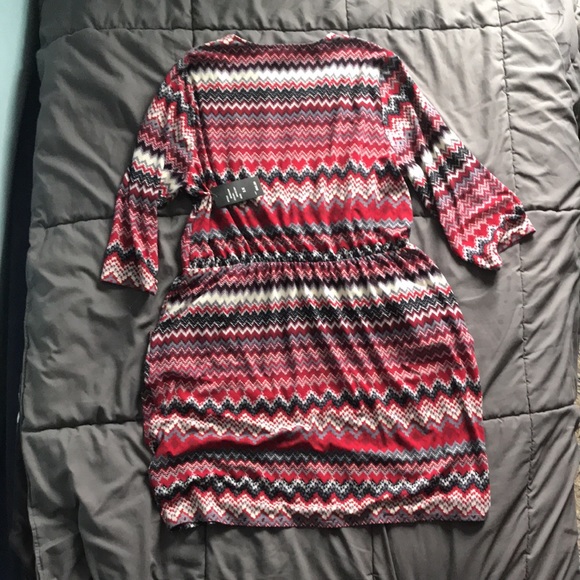 ROBERT LOUIS red/grey 1X mini dress pockets and elastic waist band v-neck NEW - Picture 2 of 8